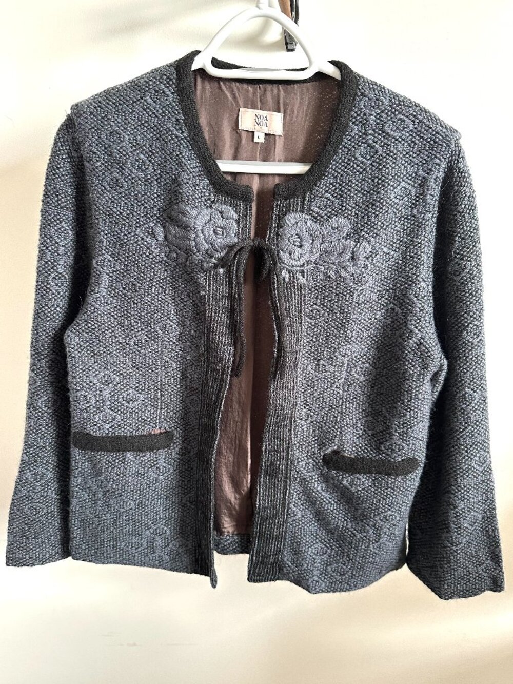 NWOT Noa Noa Embroidered Tie Front Knit Cardigan Jacket Boho Grey Women's Large